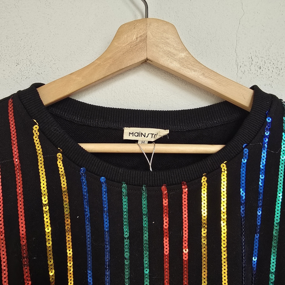Mainstrip Black Multicolor Sequin Stripe Boxy Cropped Top Size M Party Shirt - Picture 4 of 11